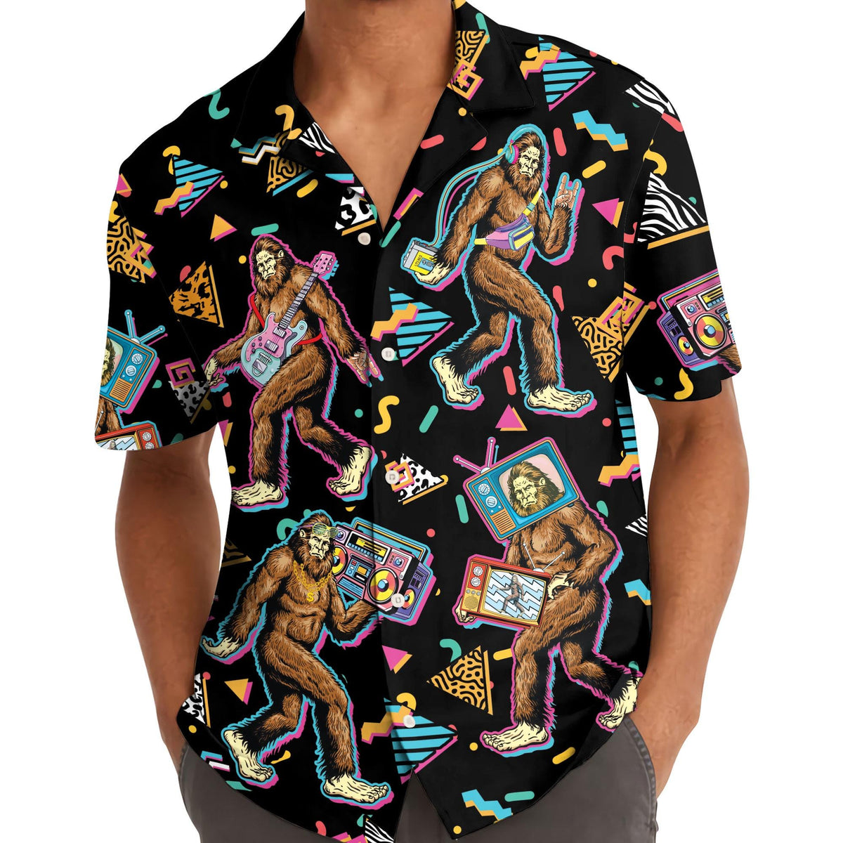 Model wearing the Bigfoot Hawaiian shirt with guitar and boombox graphics