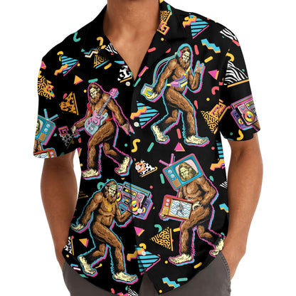 Model wearing the Bigfoot Hawaiian shirt with guitar and boombox graphics