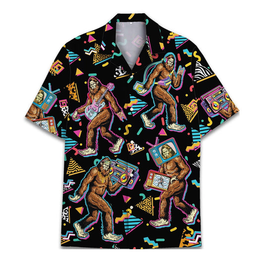 Front view of a black Bigfoot Hawaiian shirt with colorful retro music graphics