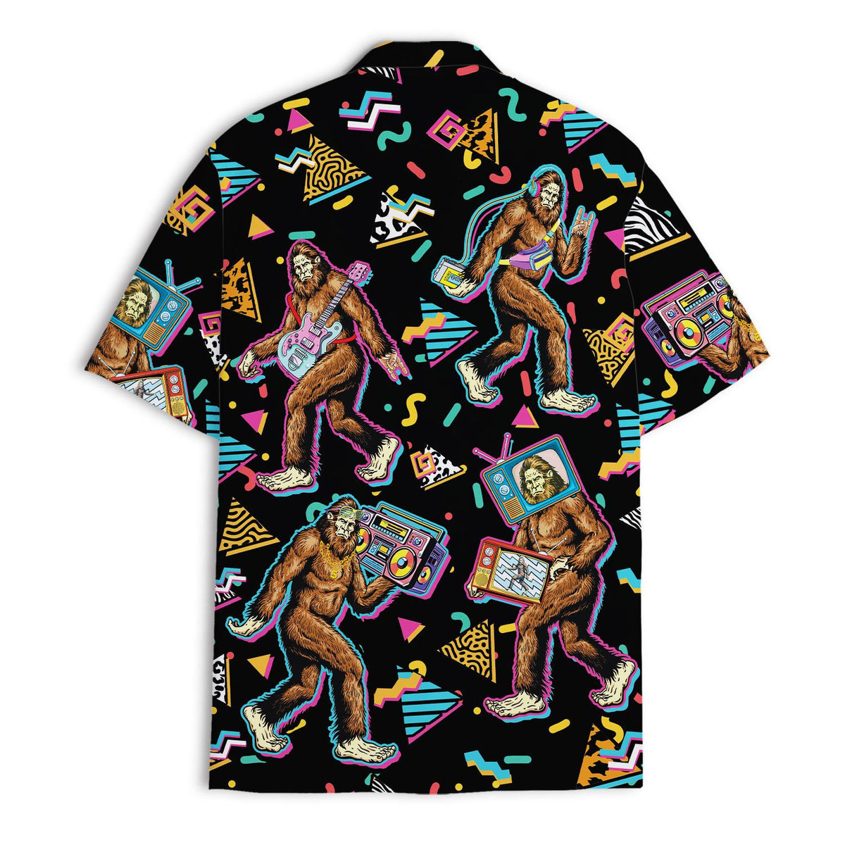 Back view of a black Hawaiian shirt featuring dancing Bigfoot figures and retro shapes