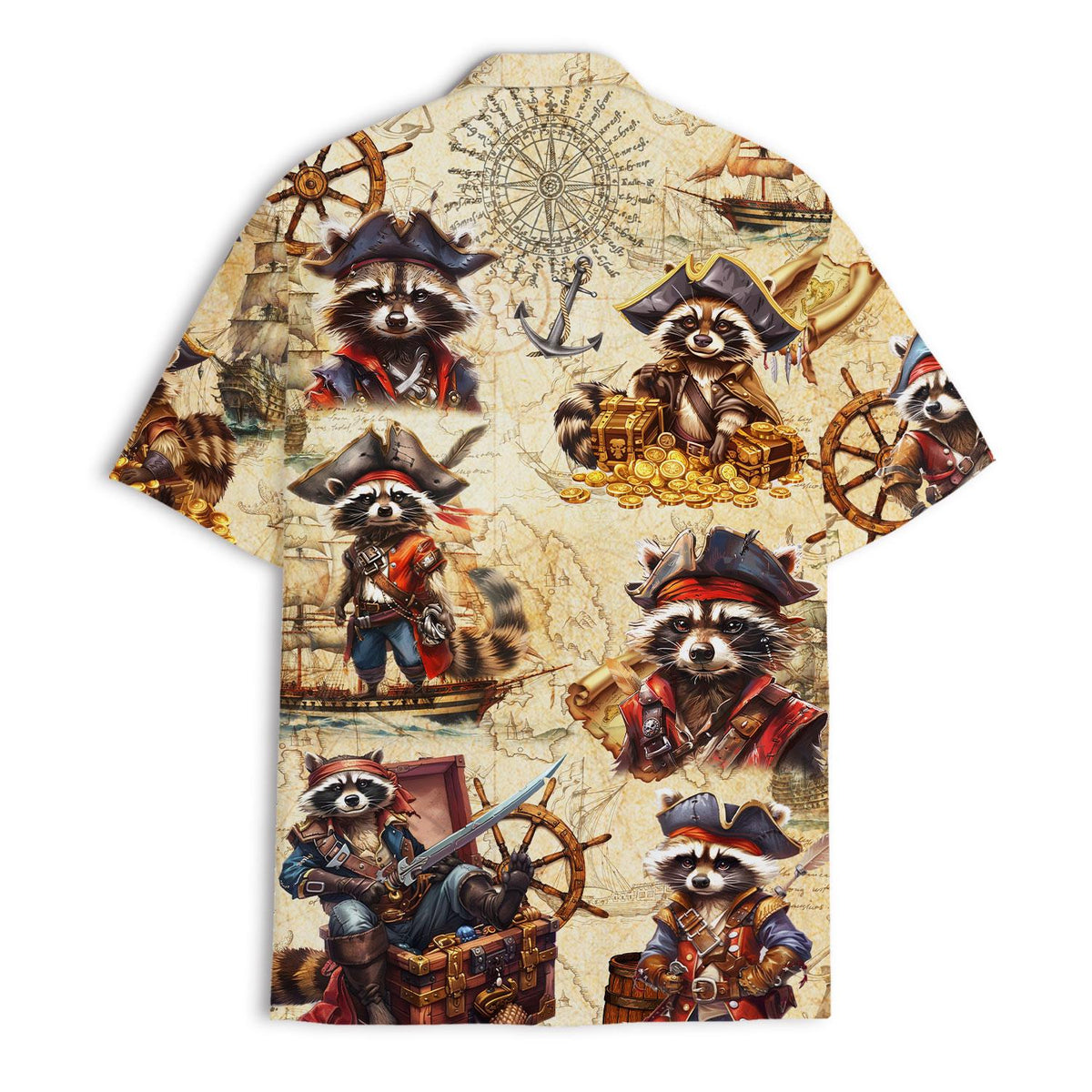 Pirate raccoon shirt featuring ships, anchors, and treasure chests