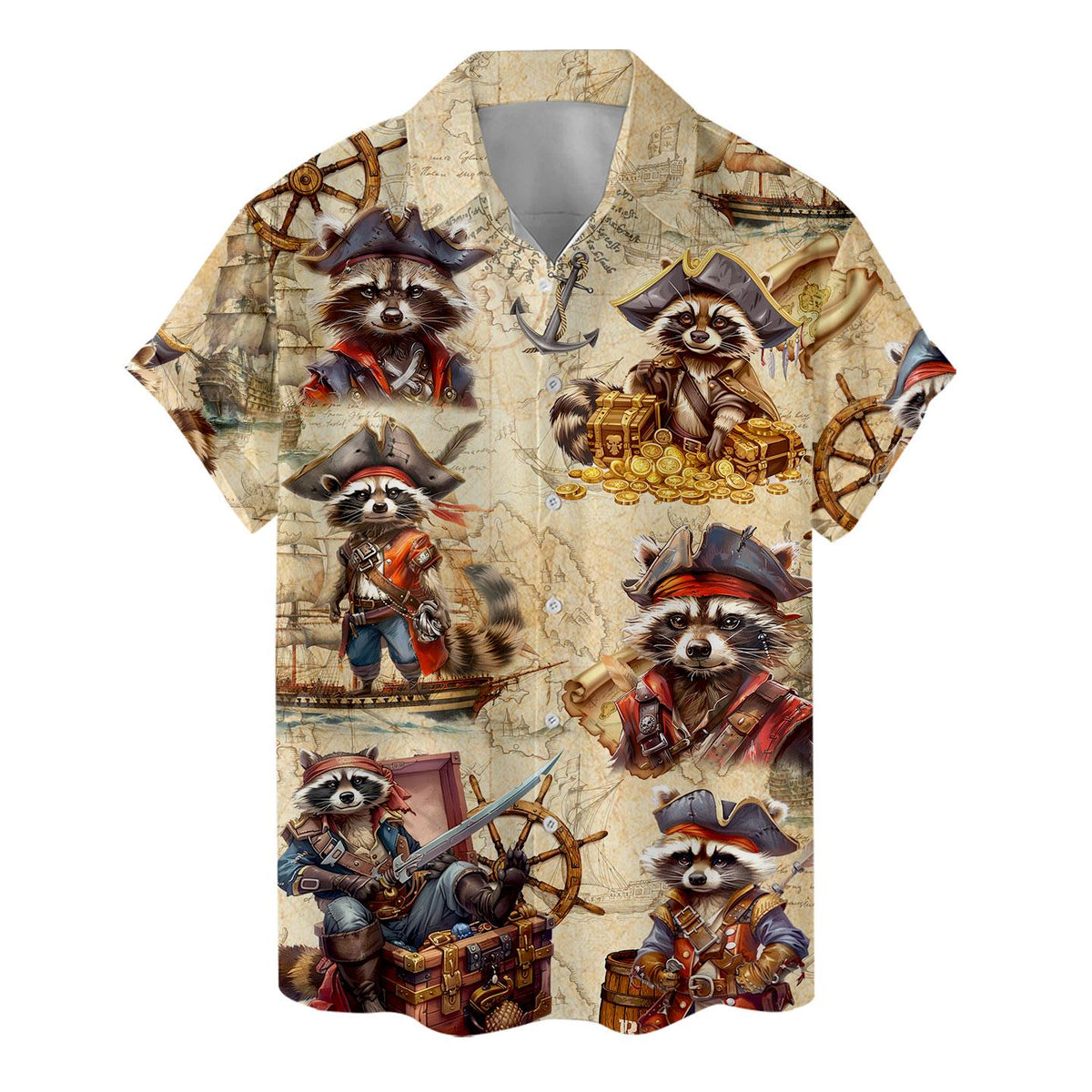 Flat lay of pirate raccoon Hawaiian shirt front design