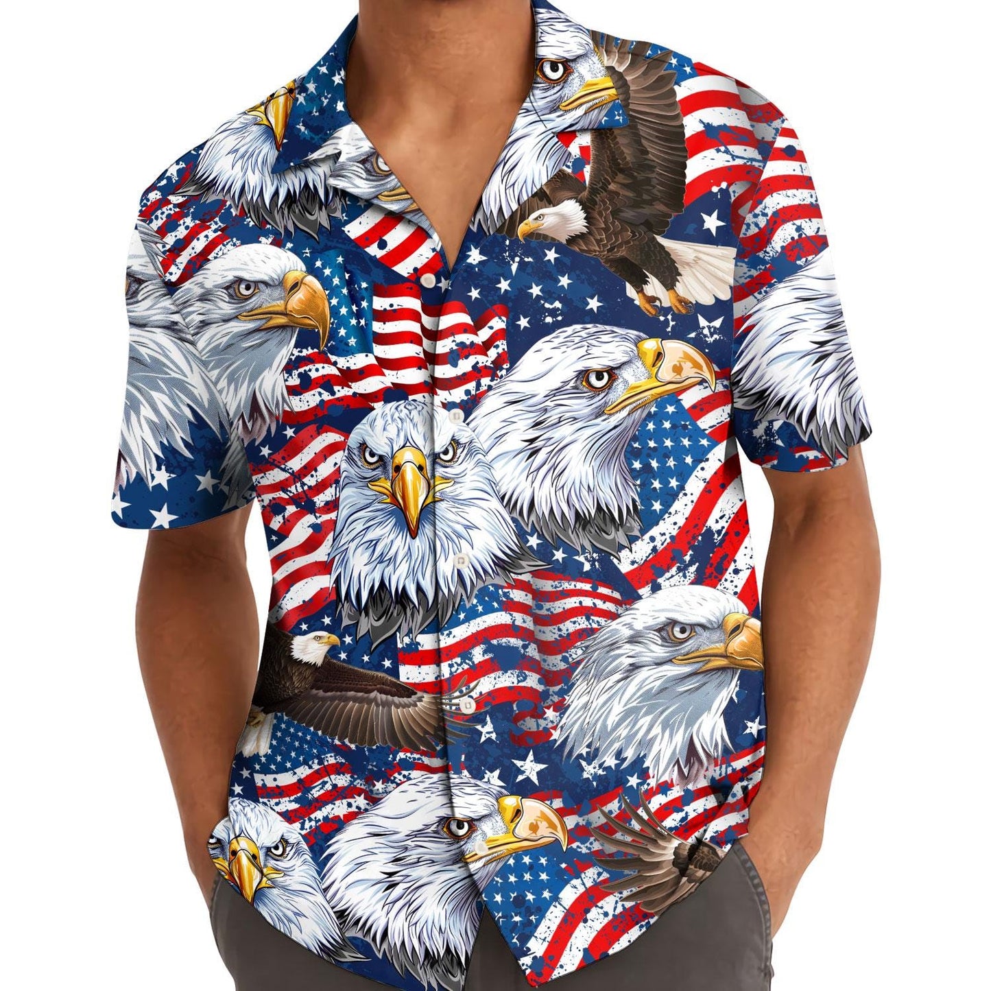 Man wearing an eagle and American flag Hawaiian shirt