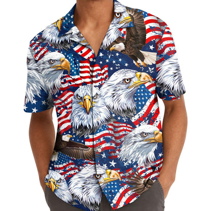 Man wearing an eagle and American flag Hawaiian shirt