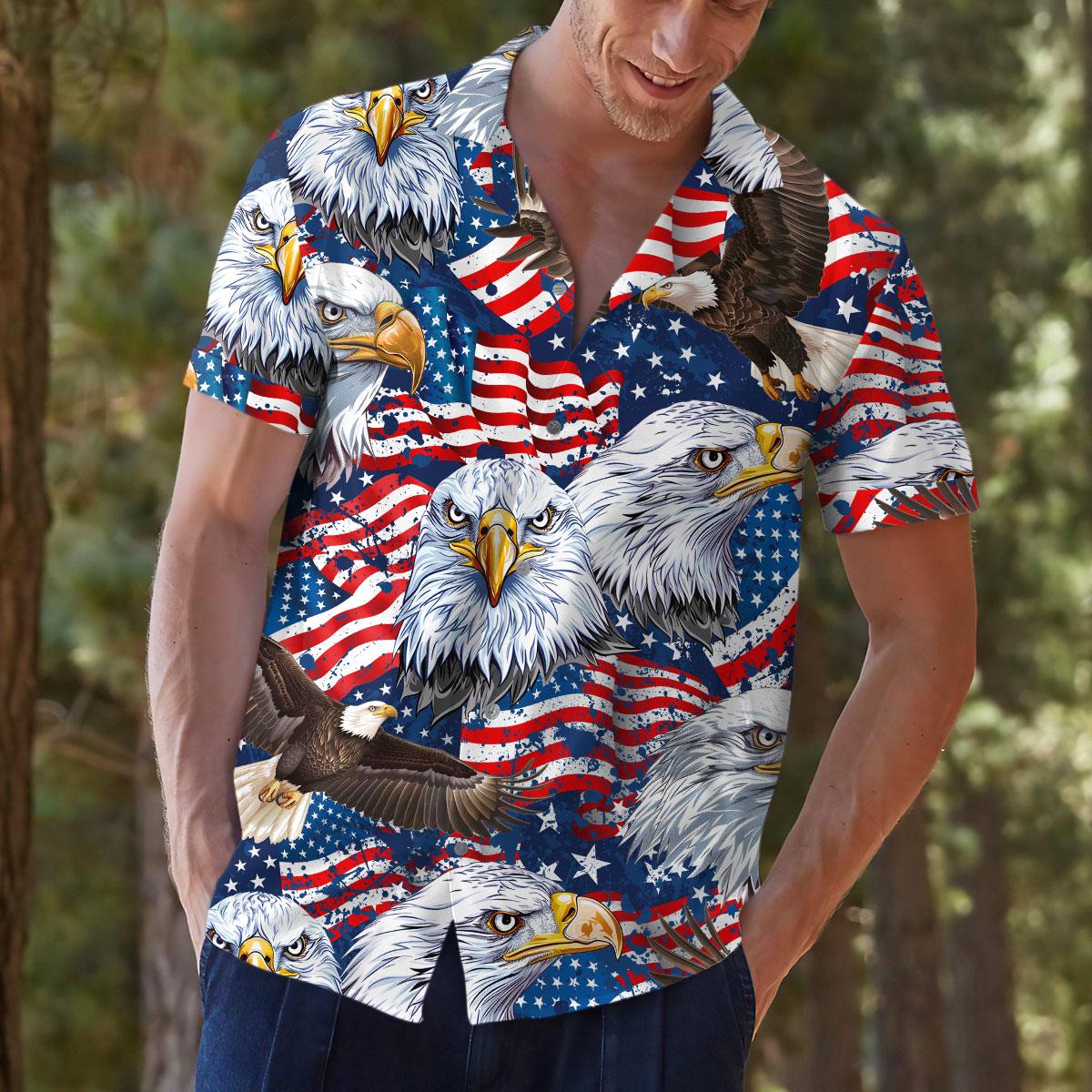 Man modeling patriotic eagle Hawaiian shirt outdoors