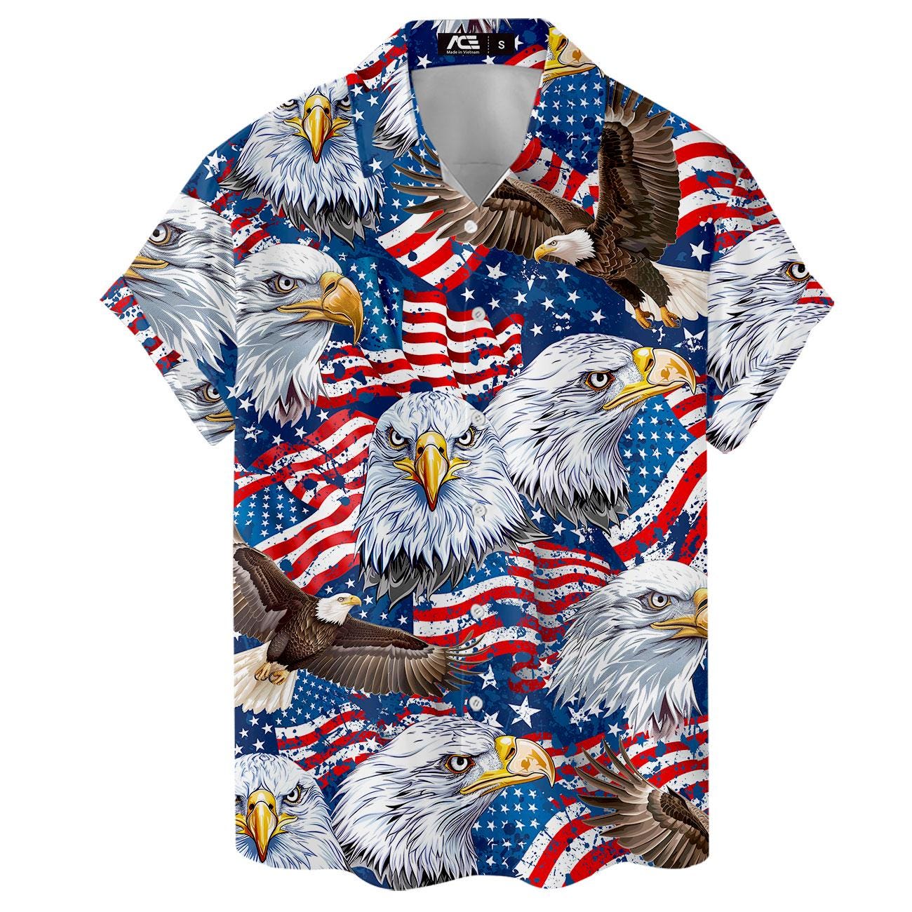 Patriotic short sleeve Hawaiian shirt with bald eagle pattern