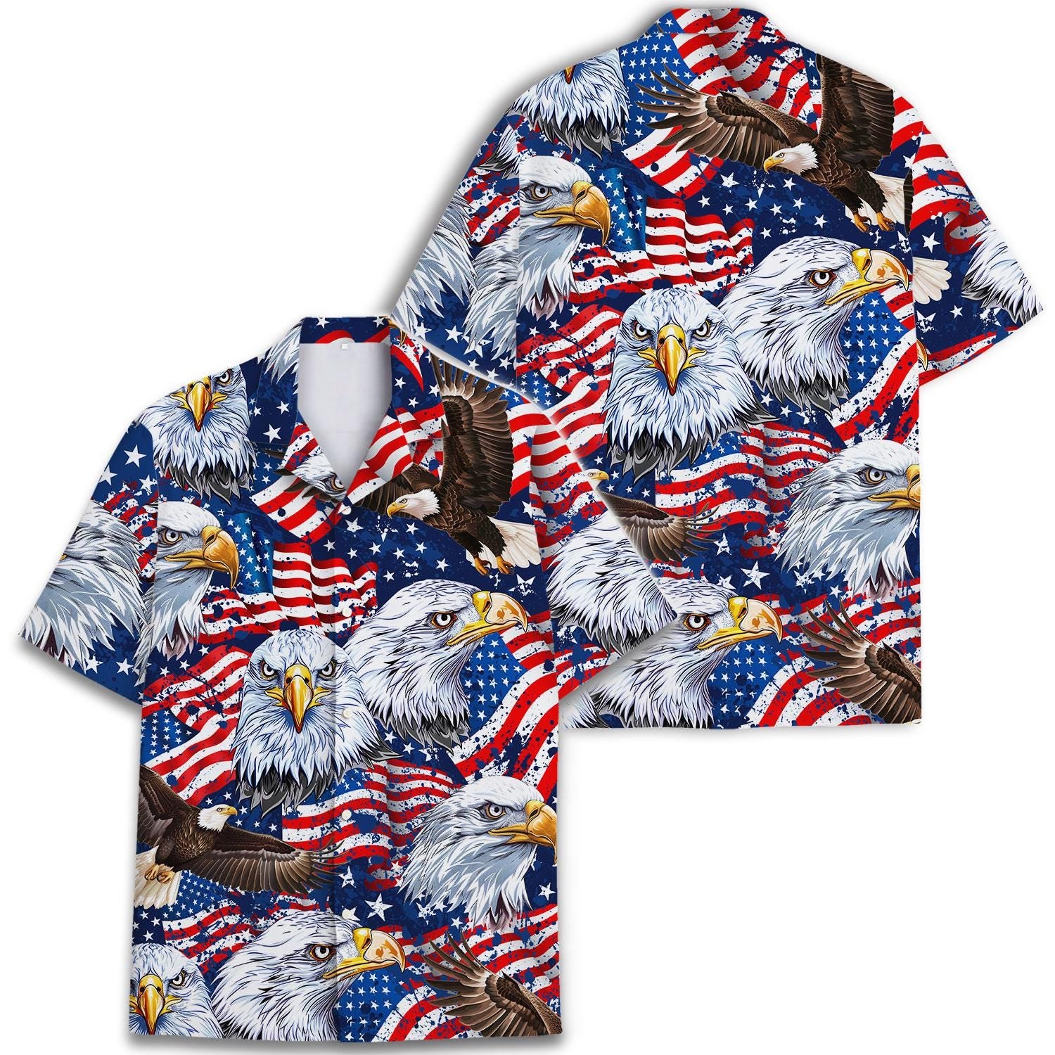 Two views of an eagle and American flag Hawaiian shirt