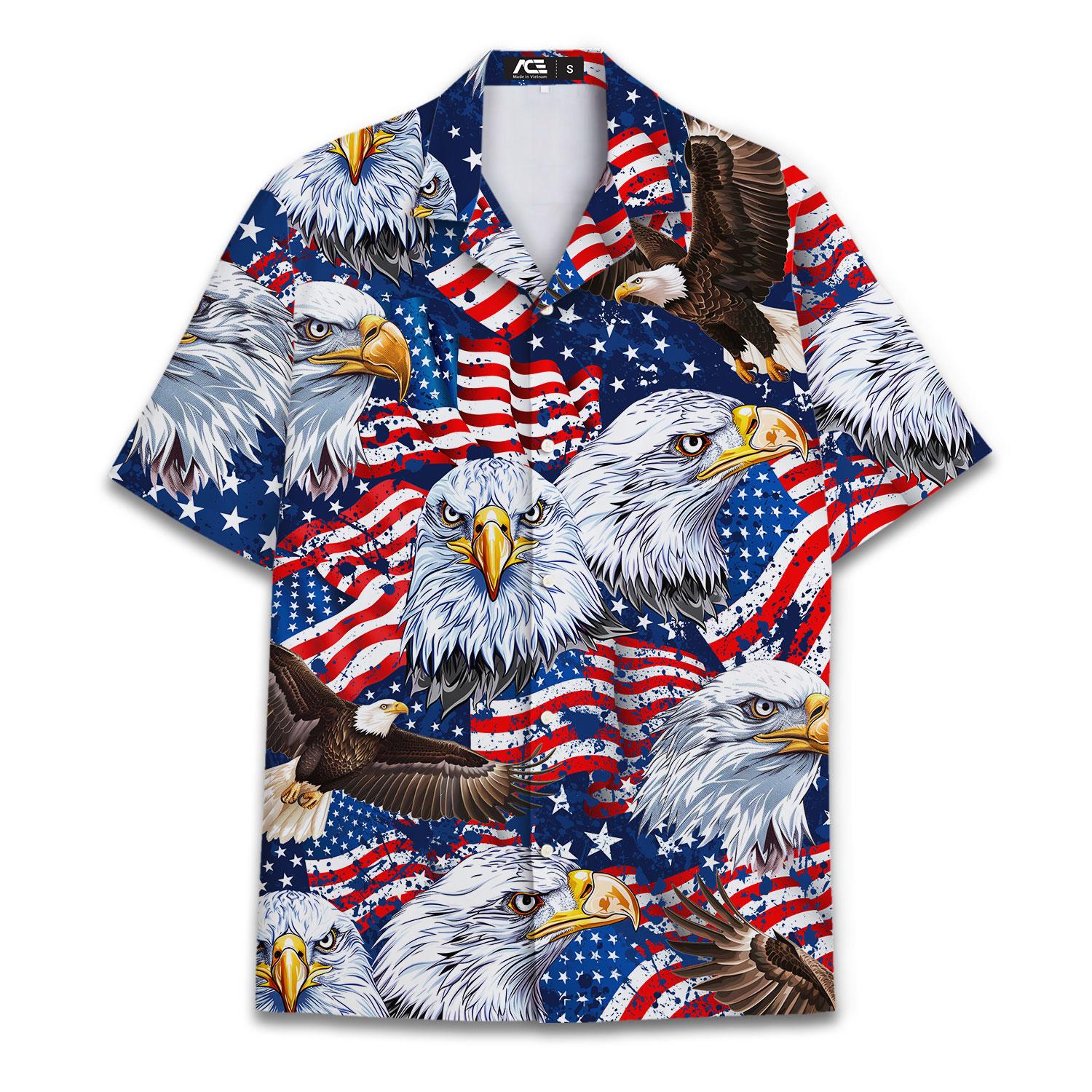 Patriotic Hawaiian shirt with bald eagles and American flags
