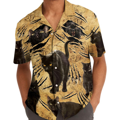 Man wearing a golden black cat Hawaiian shirt with an open collar