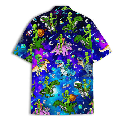 Back view of an alien dinosaur space Hawaiian shirt
