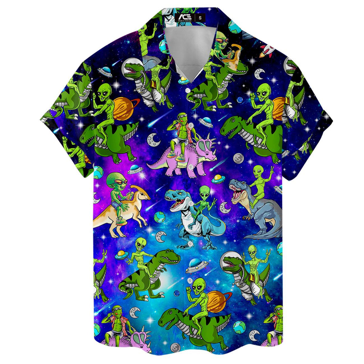 Front flat view of a colorful cosmic dinosaur button-up shirt