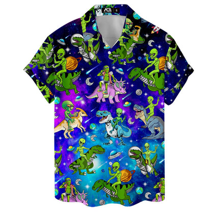 Front flat view of a colorful cosmic dinosaur button-up shirt