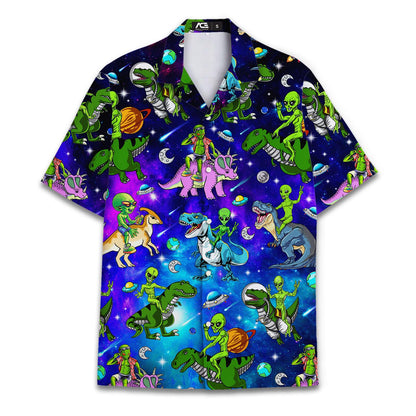 Front view of a colorful alien dinosaur space Hawaiian shirt