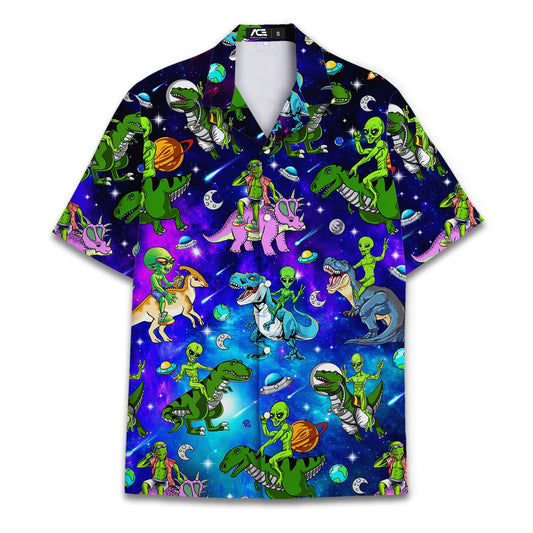 Front view of a colorful alien dinosaur space Hawaiian shirt