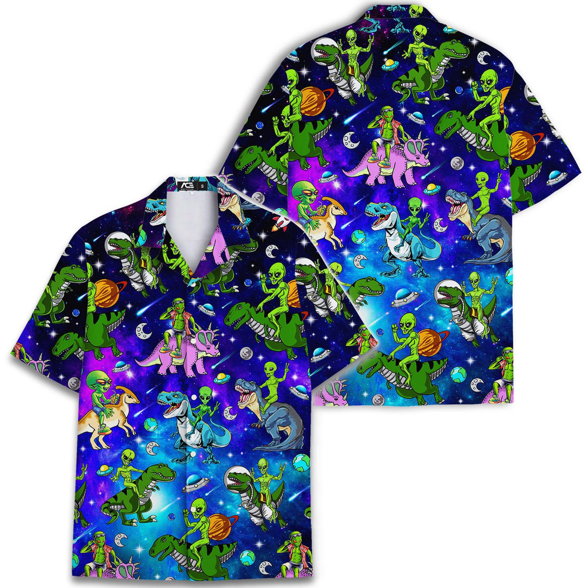Two views of an alien dinosaur Hawaiian shirt with cosmic galaxy print