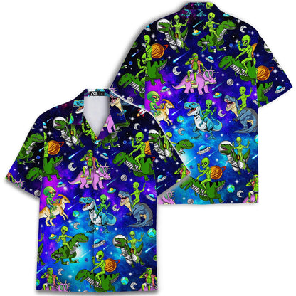 Two views of an alien dinosaur Hawaiian shirt with cosmic galaxy print