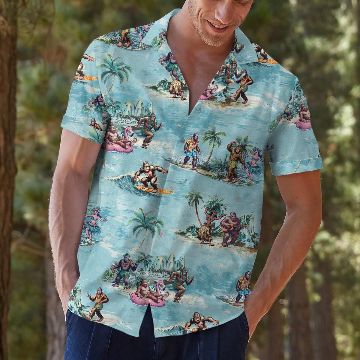 Model wearing colorful Hawaiian shirt styled for a casual outdoor look