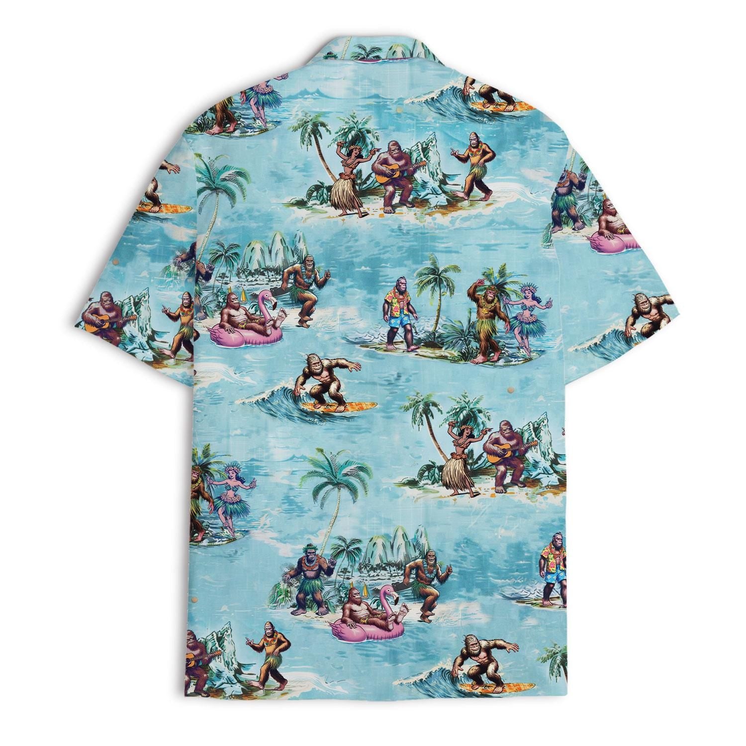 Back view of Hawaiian shirt with island figures, palm trees, and ocean waves