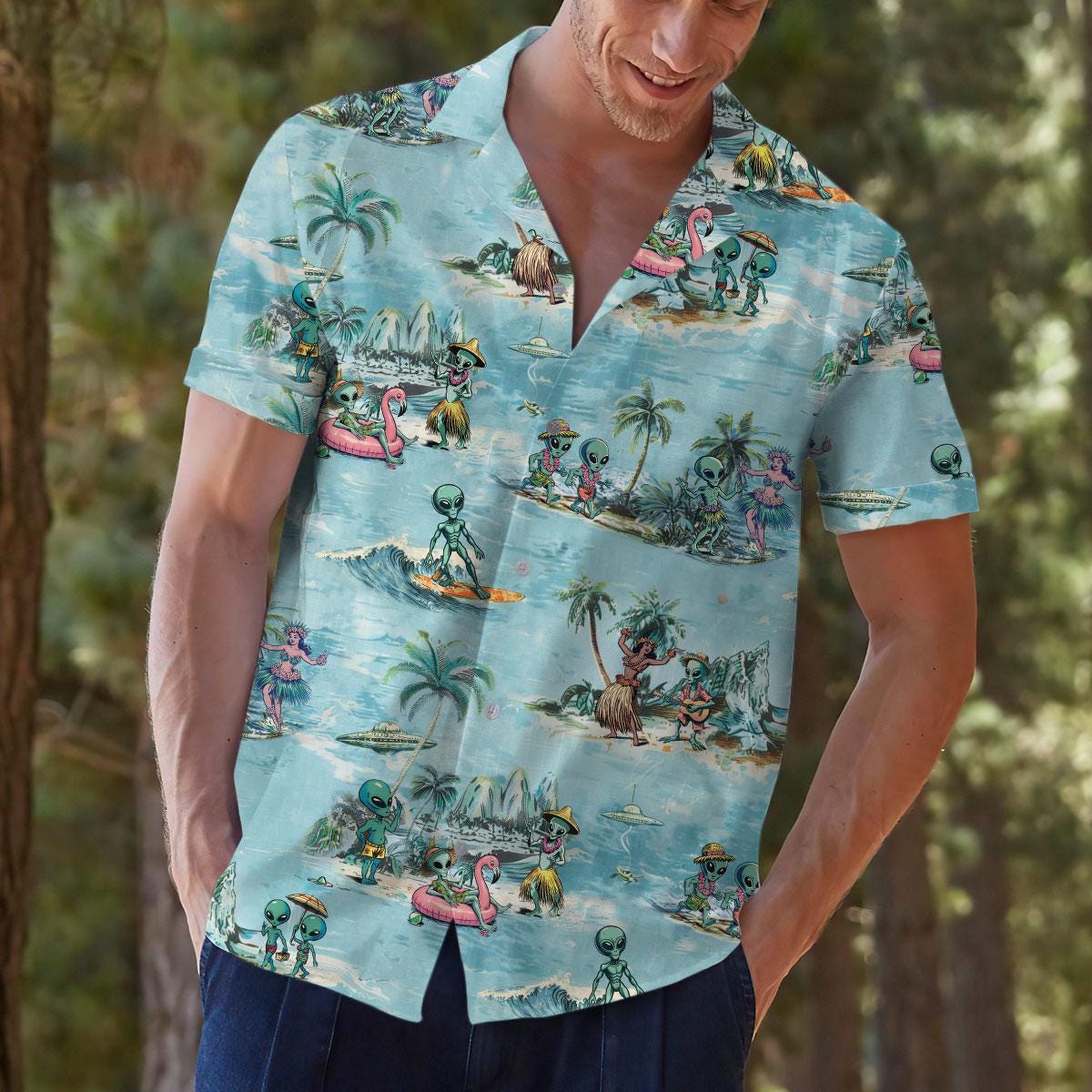 Lifestyle view of colorful alien Hawaiian shirt outdoors