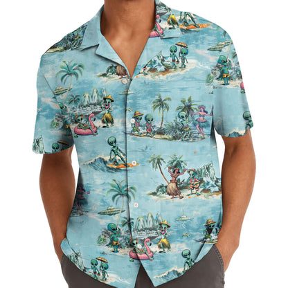 Model wearing alien beach Hawaiian shirt with flamingo and palm tree print