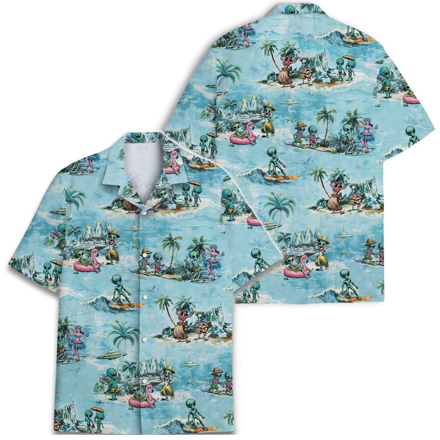 Front and back views of tropical alien Hawaiian shirt
