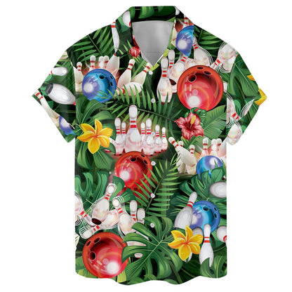 Flat lay view of bowling ball and pin Hawaiian shirt design