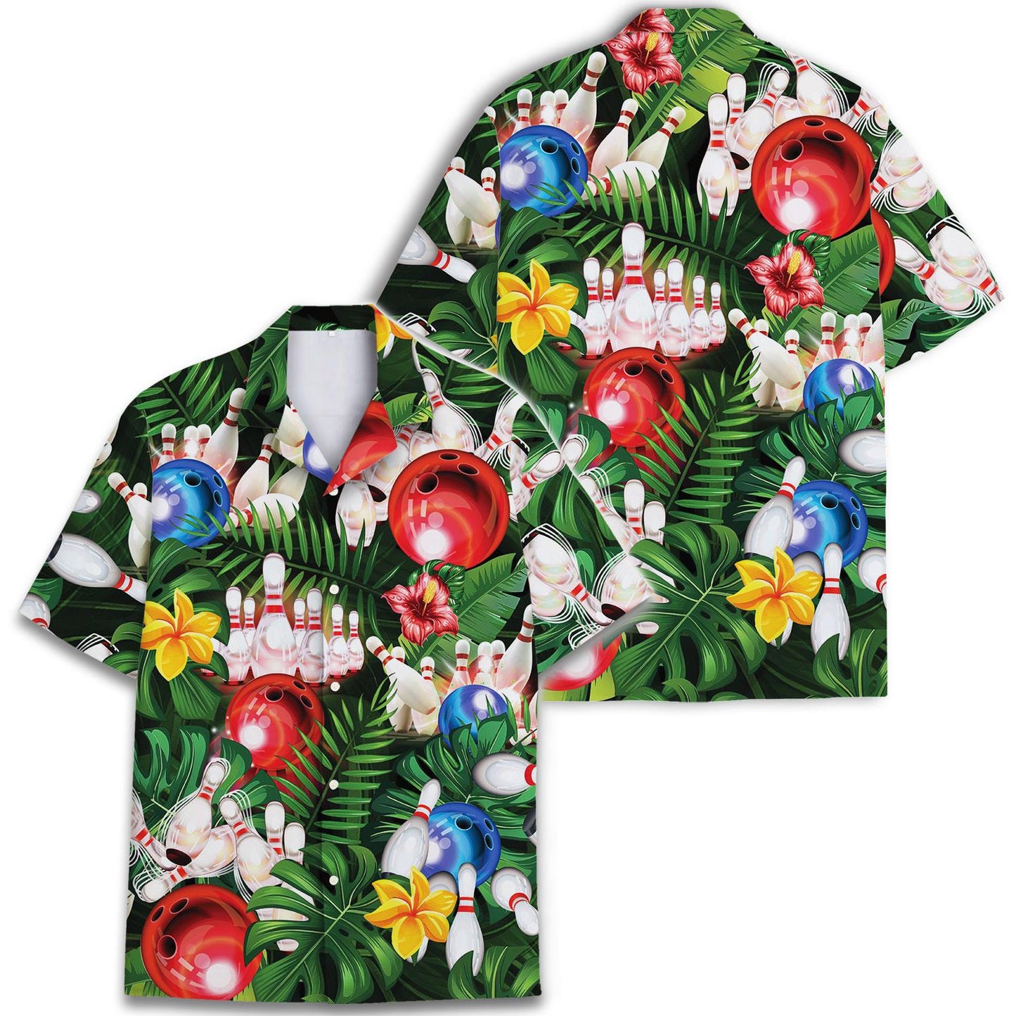 Front view of tropical bowling shirt with vibrant floral and bowling print