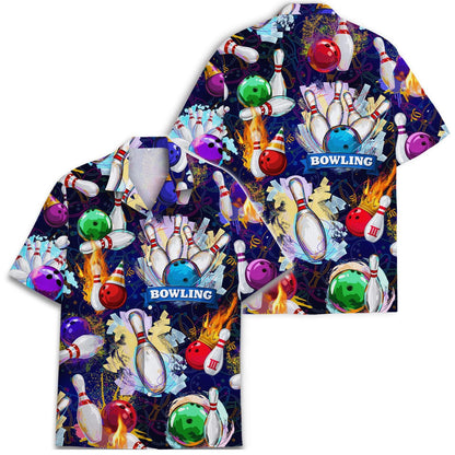 Front and back views of bowling-themed Hawaiian shirt