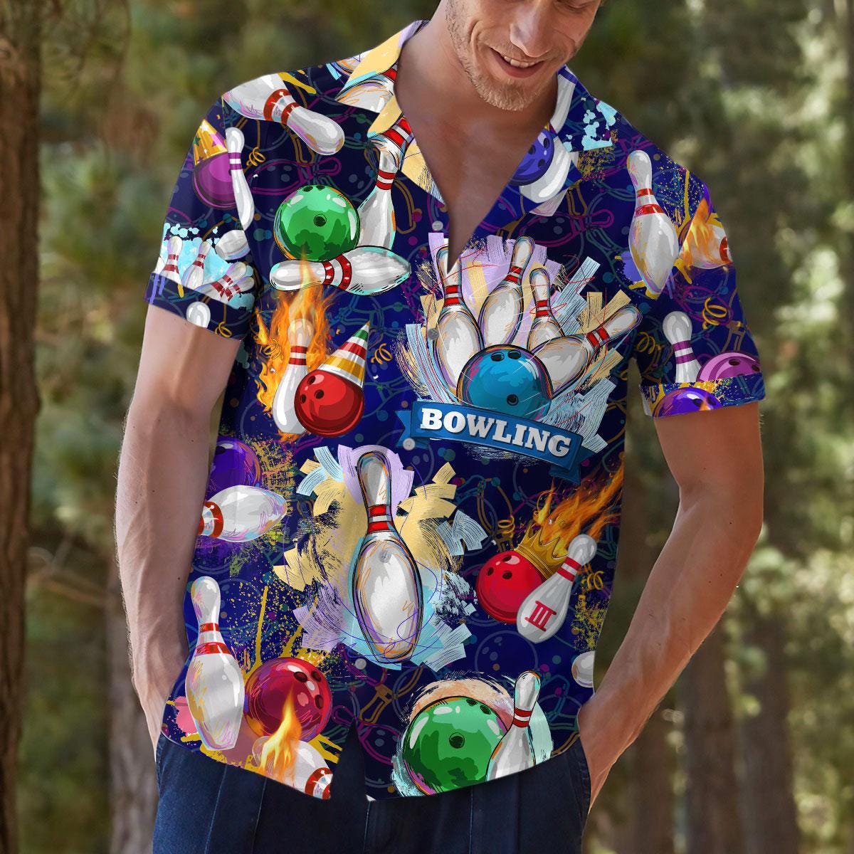 Lifestyle view of bowling-themed Hawaiian shirt
