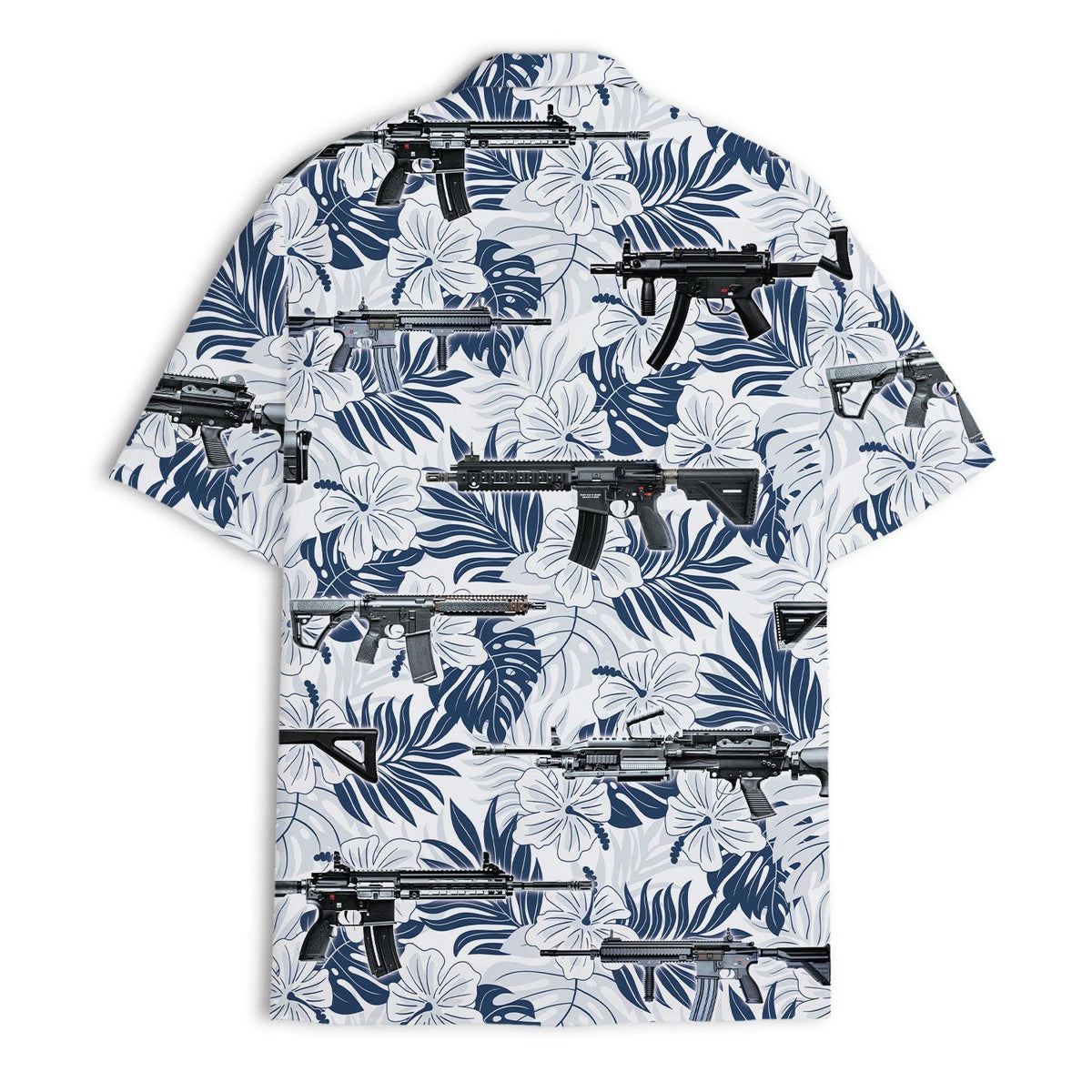 Back view of white Hawaiian shirt with blue tropical leaves and firearm graphics
