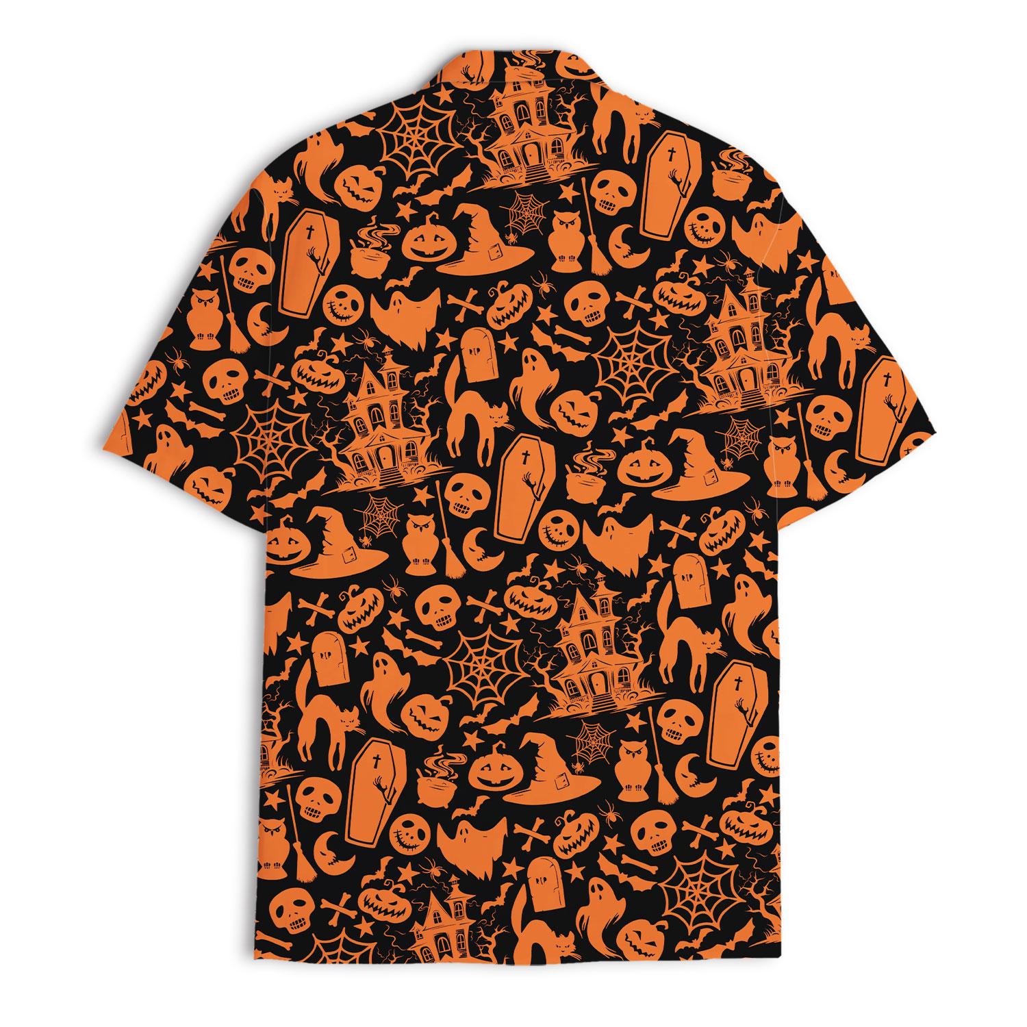 Back view of orange and black Halloween Hawaiian shirt with repeating spooky motifs