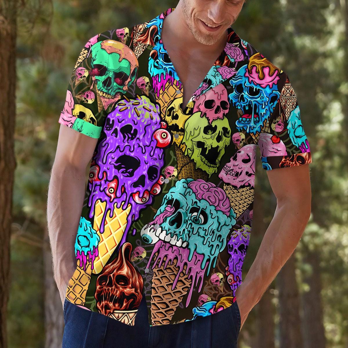 Model styling the colorful gothic dessert print shirt with casual pants
