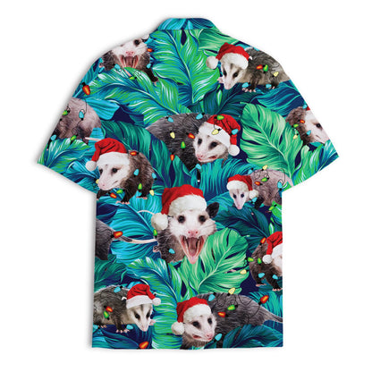Close front view of colorful opossum holiday Hawaiian shirt
