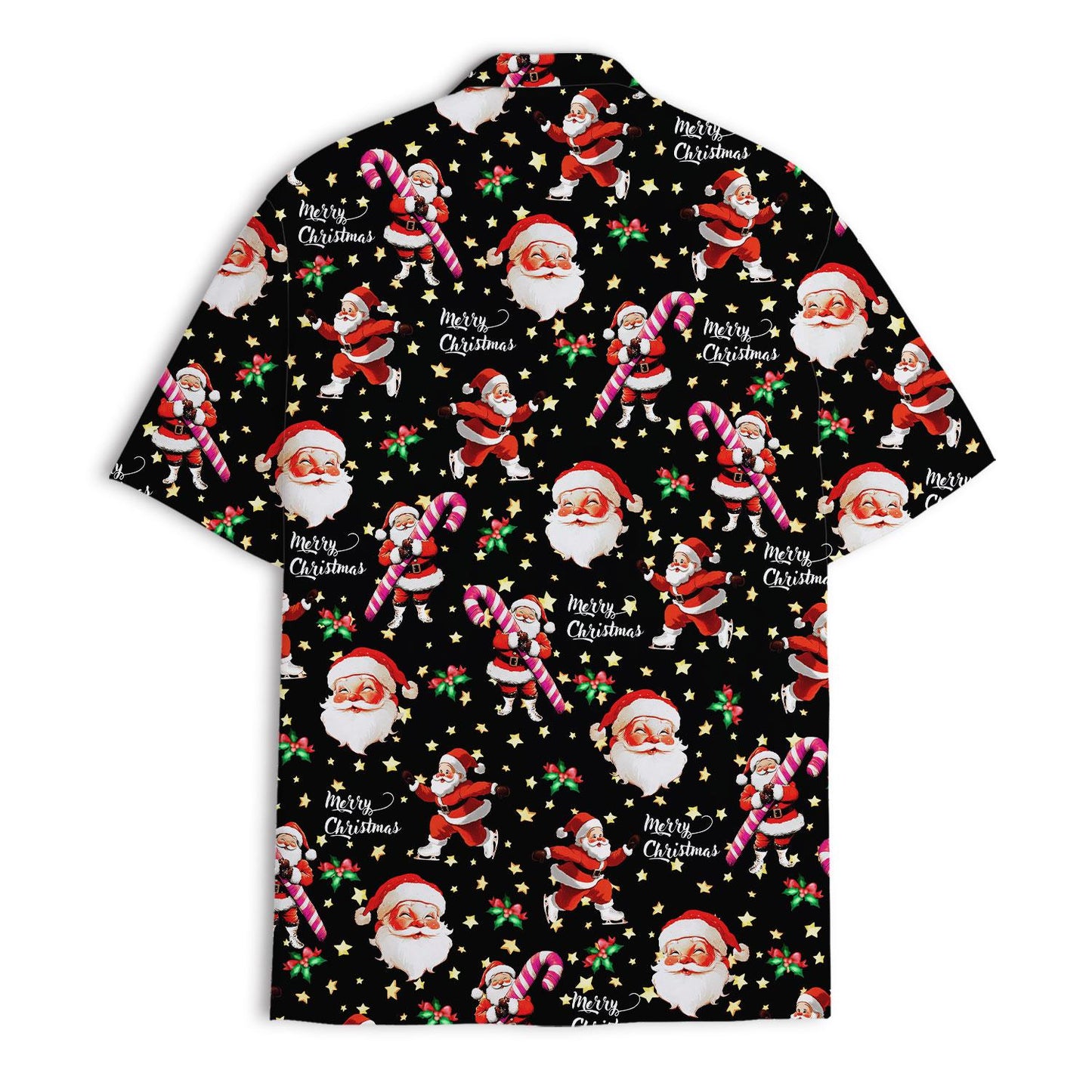 Back view of Christmas Hawaiian shirt with festive holiday pattern