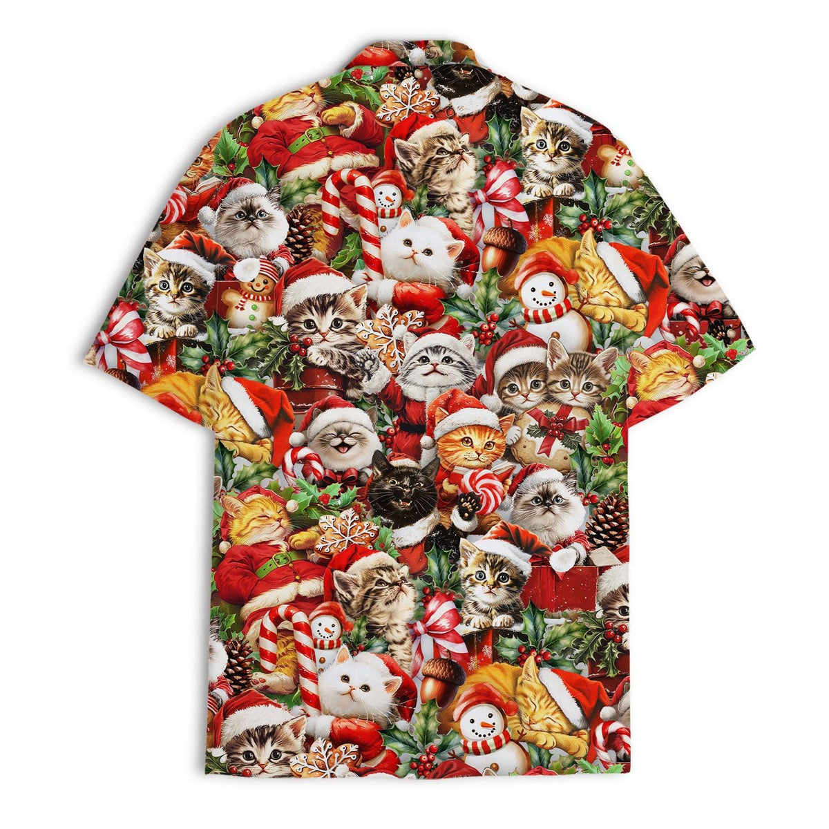 Colorful short sleeve Christmas cat shirt displayed against a white background
