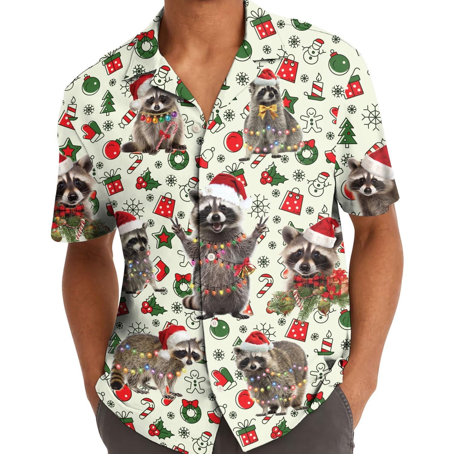 Model wearing festive Christmas raccoon Hawaiian shirt