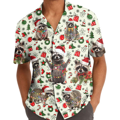 Model wearing festive Christmas raccoon Hawaiian shirt