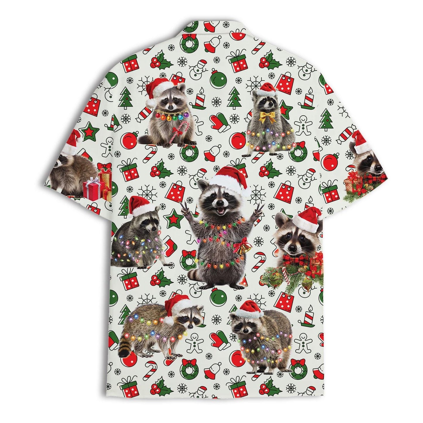 Christmas Hawaiian shirt with colorful raccoons and gifts