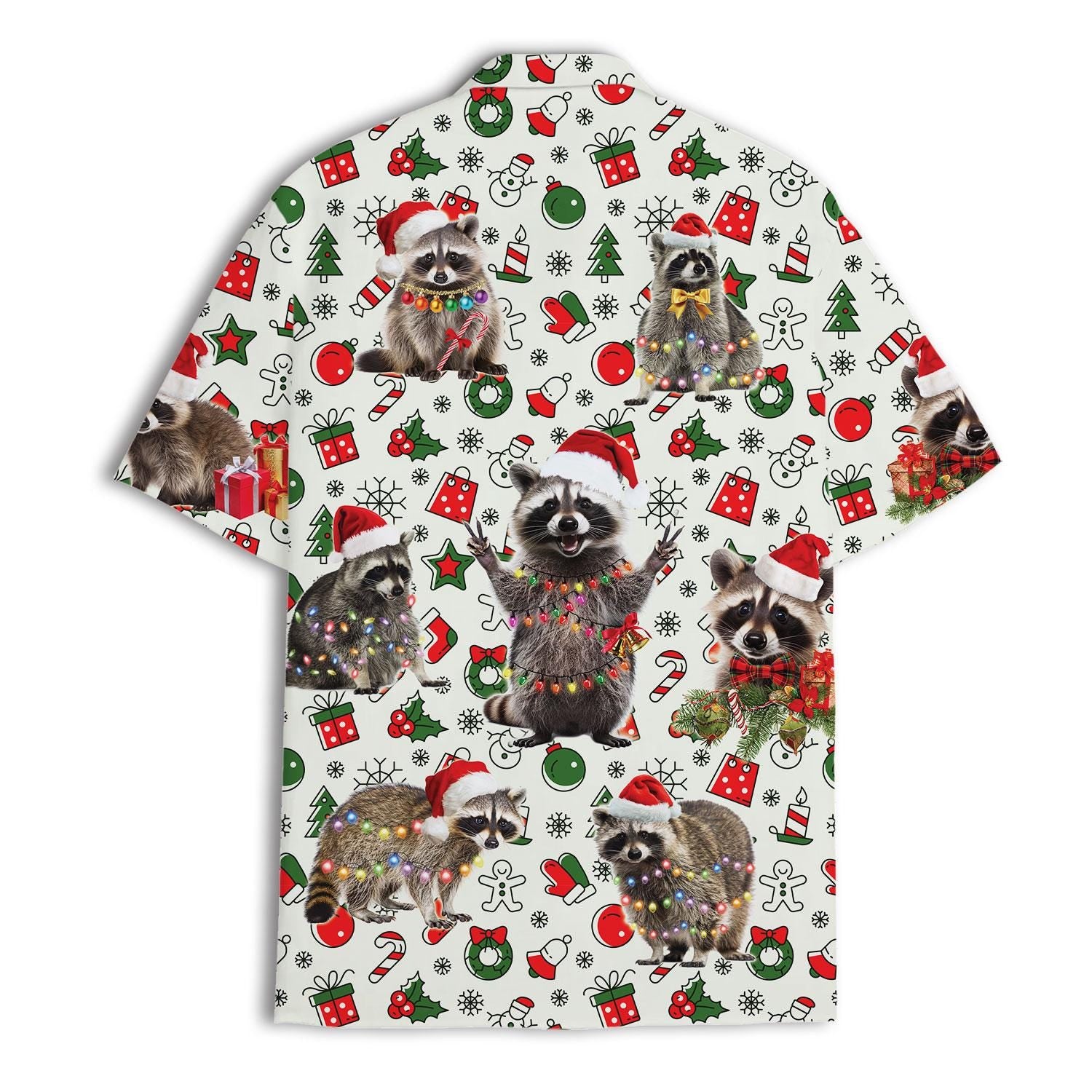 Christmas Hawaiian shirt with colorful raccoons and gifts