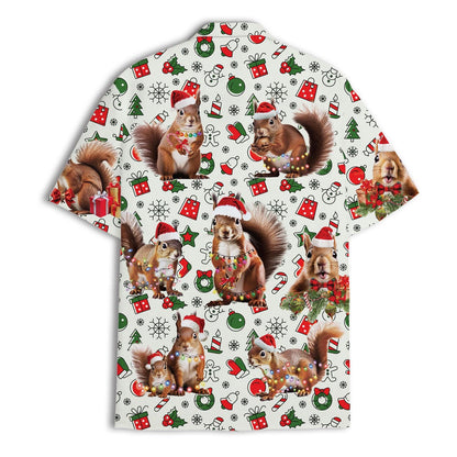 Christmas Hawaiian shirt featuring squirrels, gifts, ornaments, and candy canes