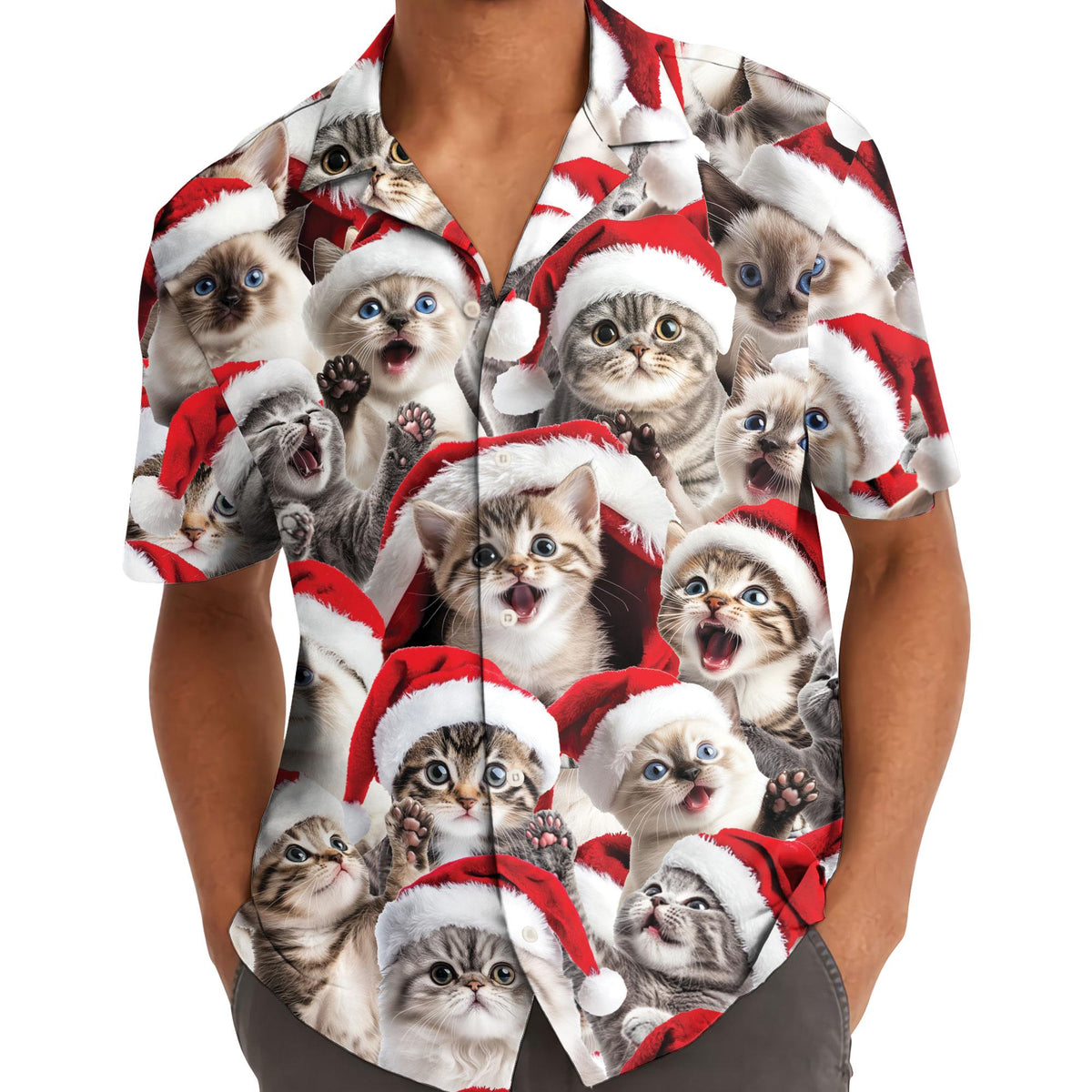 Model wearing a festive Santa hat kitten Hawaiian shirt