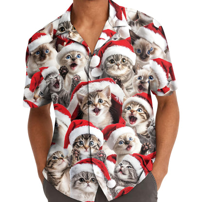 Model wearing a festive Santa hat kitten Hawaiian shirt