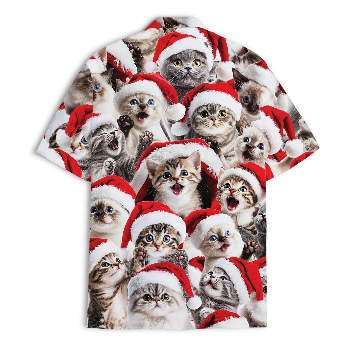 Front view of a short sleeve kitten Christmas Hawaiian shirt