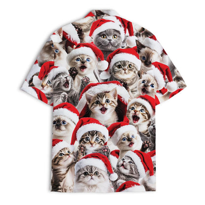 Front view of a short sleeve kitten Christmas Hawaiian shirt