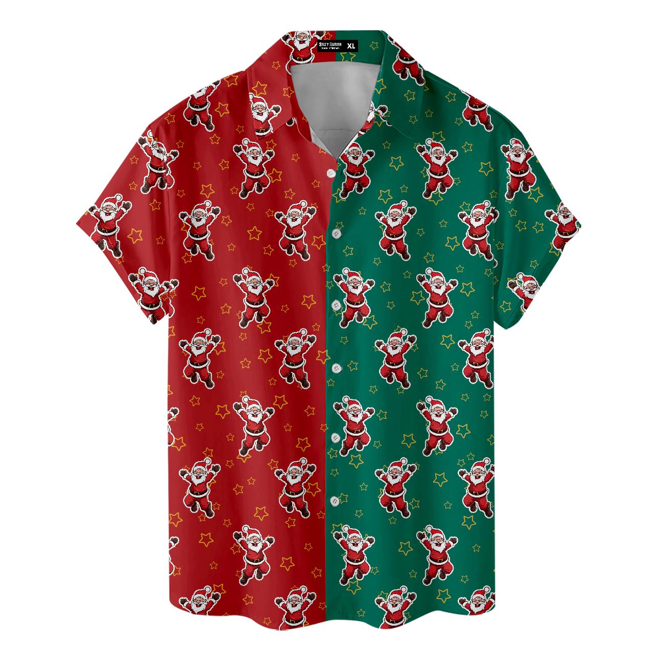 Button-front Santa Christmas Hawaiian shirt in red and green