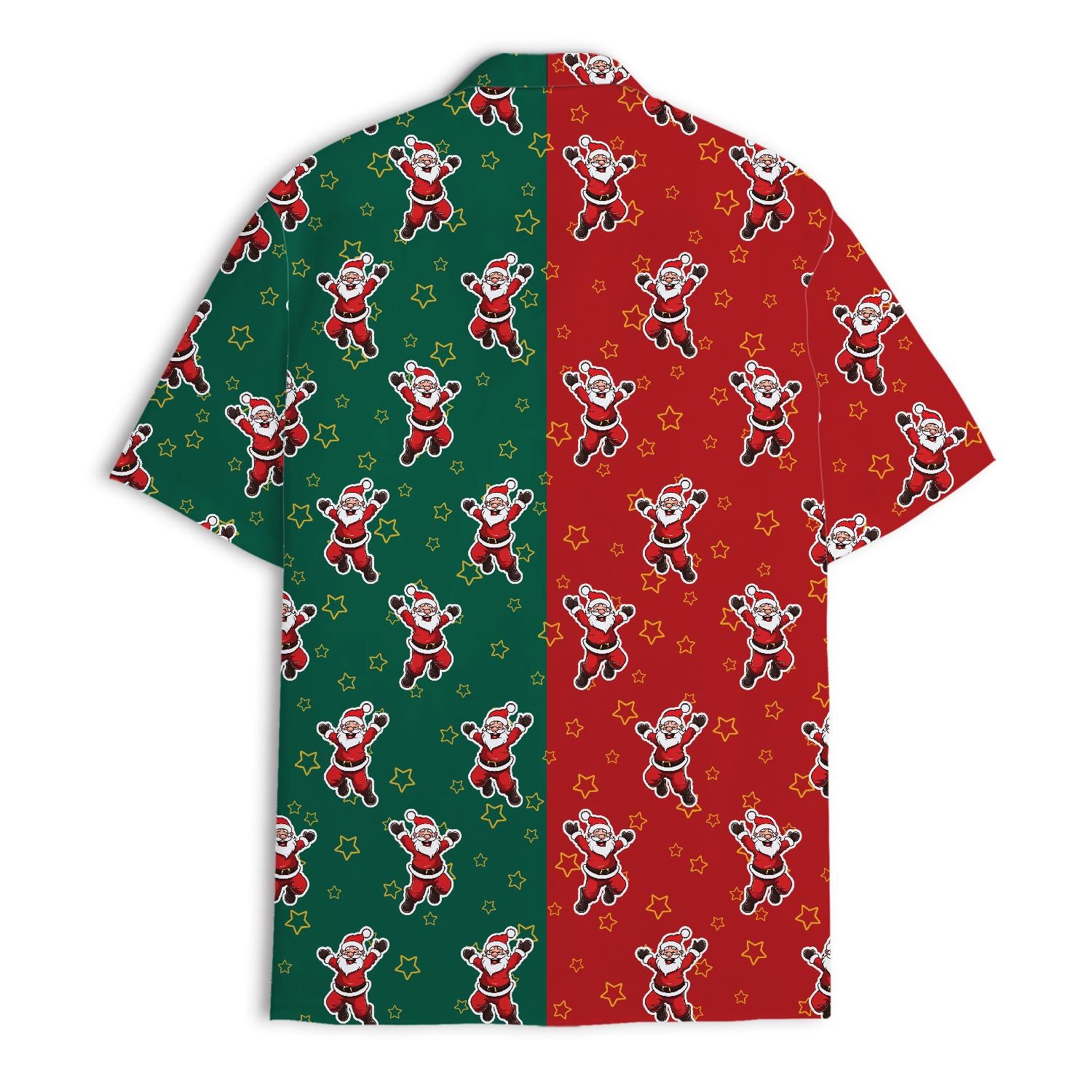 Back view of festive Santa and star Hawaiian shirt