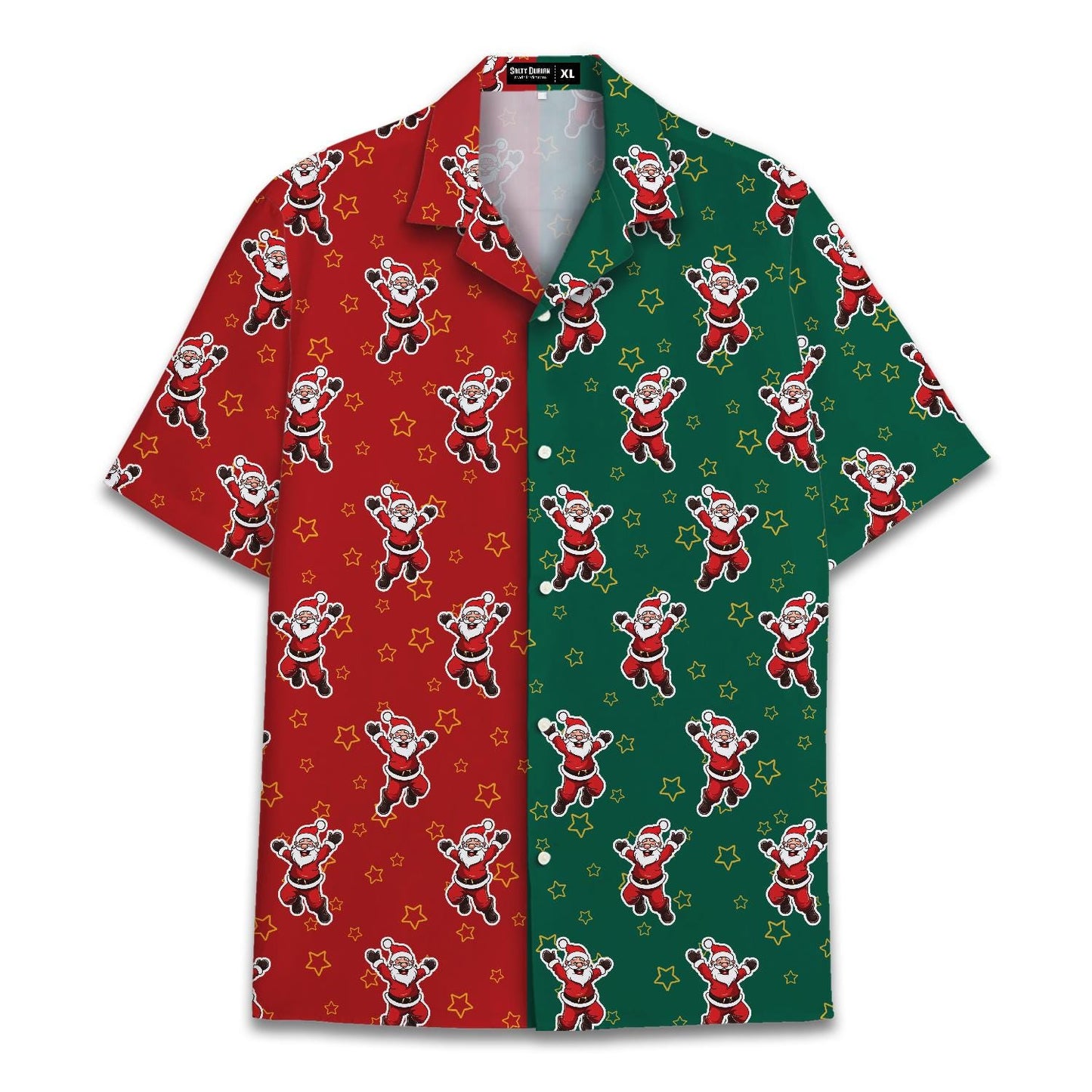 Front view of red and green Santa Christmas Hawaiian shirt with gold star pattern