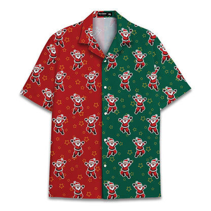 Front view of red and green Santa Christmas Hawaiian shirt with gold star pattern