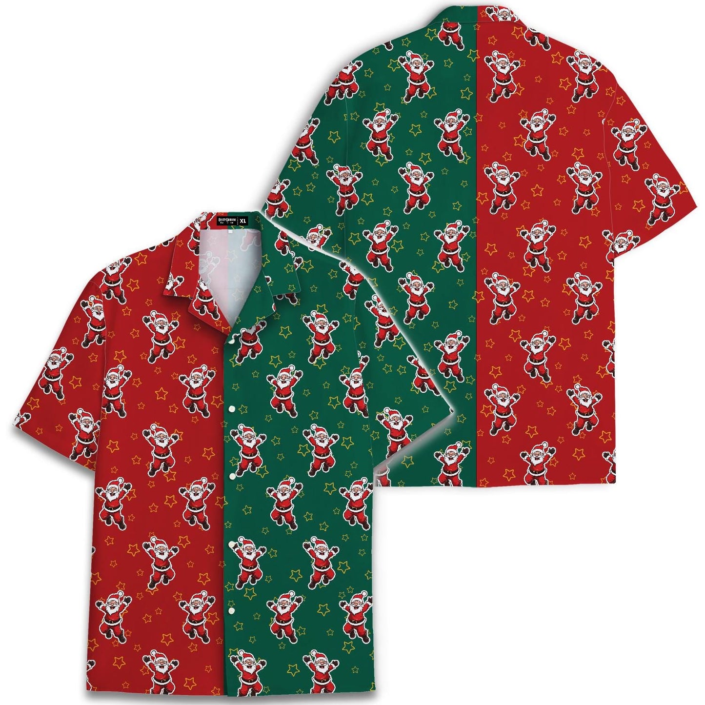 Front and back views of split-color Santa holiday Hawaiian shirt