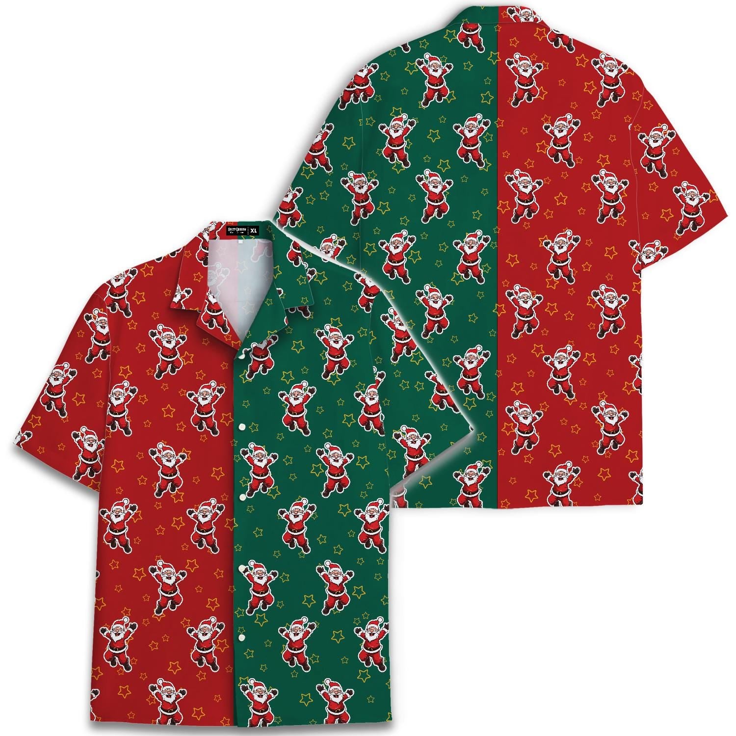Front and back views of split-color Santa holiday Hawaiian shirt